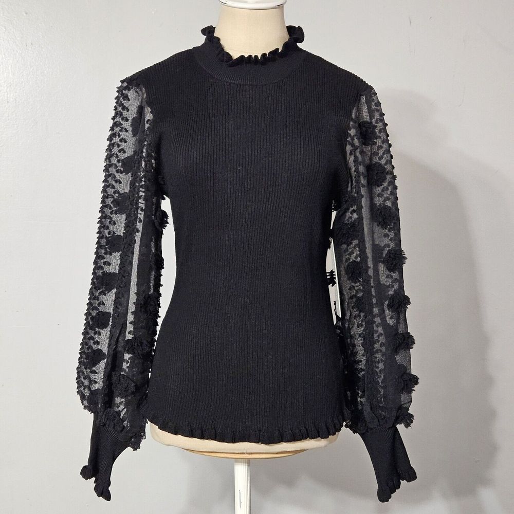 Almost Famous Floral‎ Appliqué Long Sleeve Mock Neck Black Sweater Top Size L